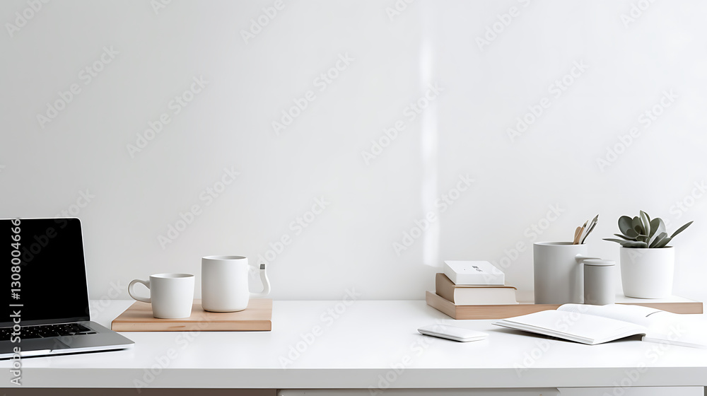 A white desk with a laptop, two cups, a book, and a potted plant A white desk with a laptop, two cups, a book, and a potted plant