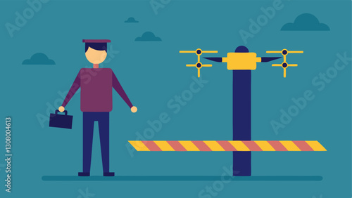 Safety Procedures An illustration depicting a spet explaining safety procedures while standing next to a drone ready for flight with caution tape surrounding the area.