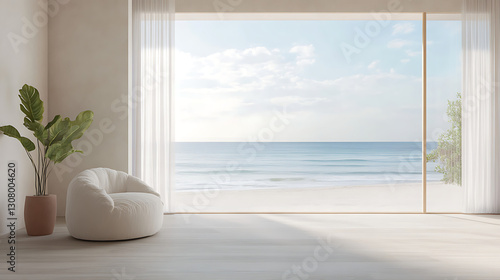 A white chair is sitting in front of a large window overlooking the ocean