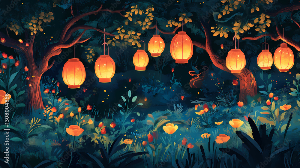 Enchanted forest with mystical creatures and glowing lanterns, fantasy, night, enchanted, forest, magical, creatures. Whimsical - Village. Illustration Enchanted forest with mystical creatures and glowing lanterns, fantasy, night, enchanted, forest, magical, creatures. Whimsical - Village. Illustration