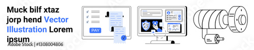 Digital payment authorization, secure data analytics on dual monitors, and industrial mechanical setup. Ideal for fintech, cybersecurity, analytics, automation, tech, industrial processes abstract