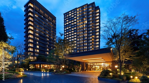 Modern apartment buildings at twilight, entrance to hotel, lush landscaping