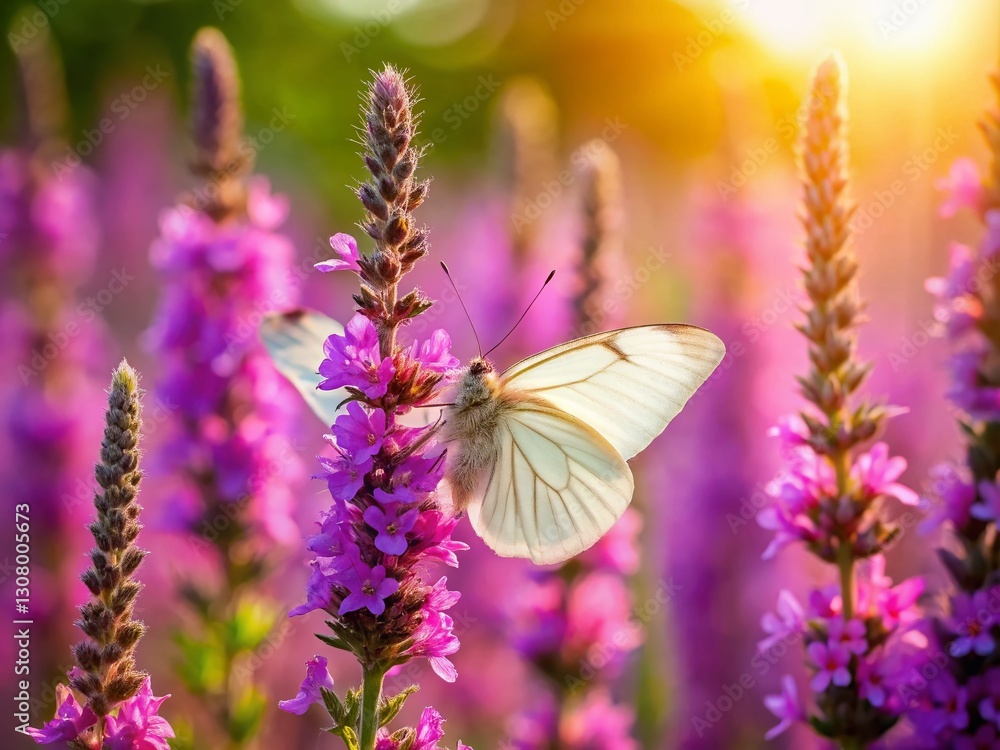Naklejka premium Aerial View: Purple Loosestrife Flowers & Cabbage White Butterfly