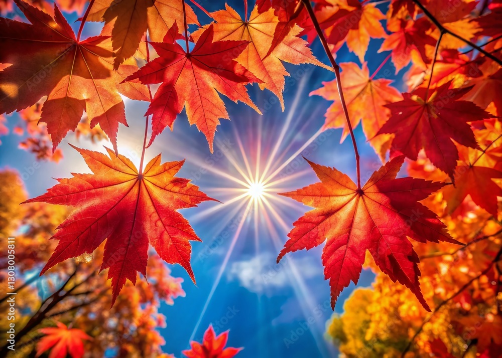 Aerial View Red Maple Leaves Autumn Sun Flare Blurred Blue Sky Aerial View Red Maple Leaves Autumn Sun Flare Blurred Blue Sky