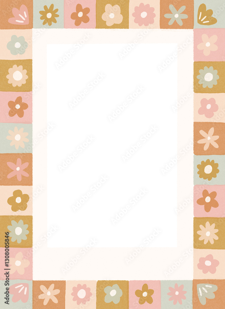Photo border background with cute flowers in retro Spring colors in a checkered pattern Photo border background with cute flowers in retro Spring colors in a checkered pattern