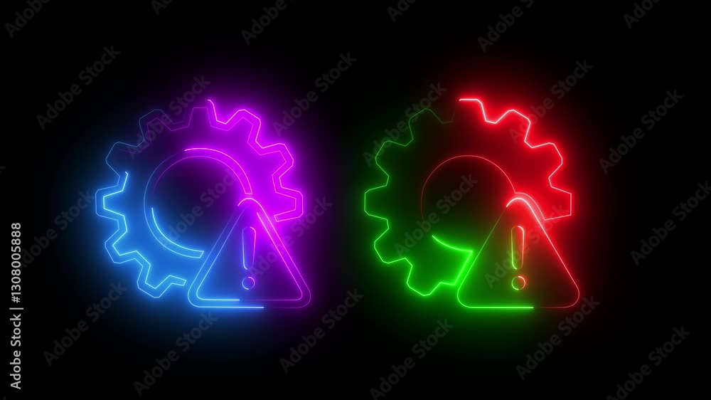 Neon glowing setting and  danger icon, stop or problem road sign on black background. Warning, precaution, attention, alert icon 4k animation.

