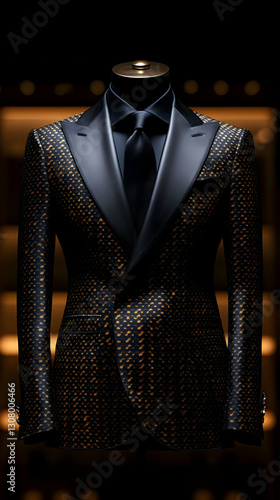 Elegant Black and Gold Tuxedo Suit - Fashion Illustration