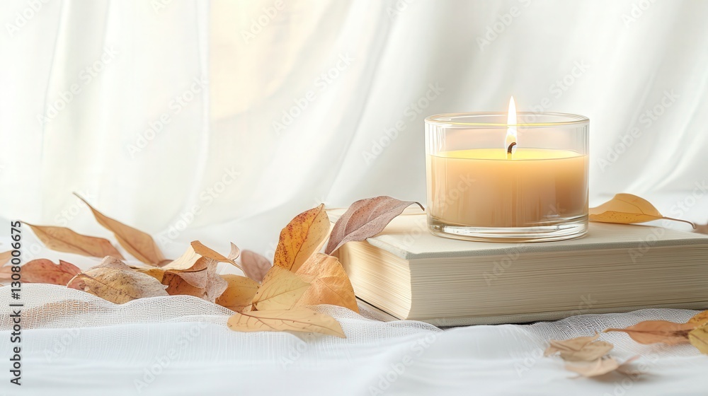 book publication display with a flickering autumn candle and autumnal accents book publication display with a flickering autumn candle and autumnal accents