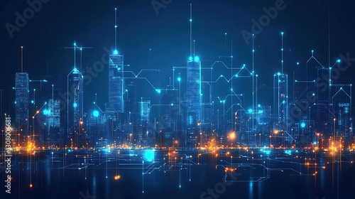 Futuristic city skyline with digital network connections at night