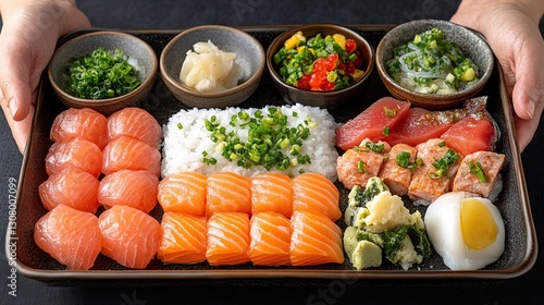 Hands holding a tray of assorted sushi and fish dishes on a dark surface