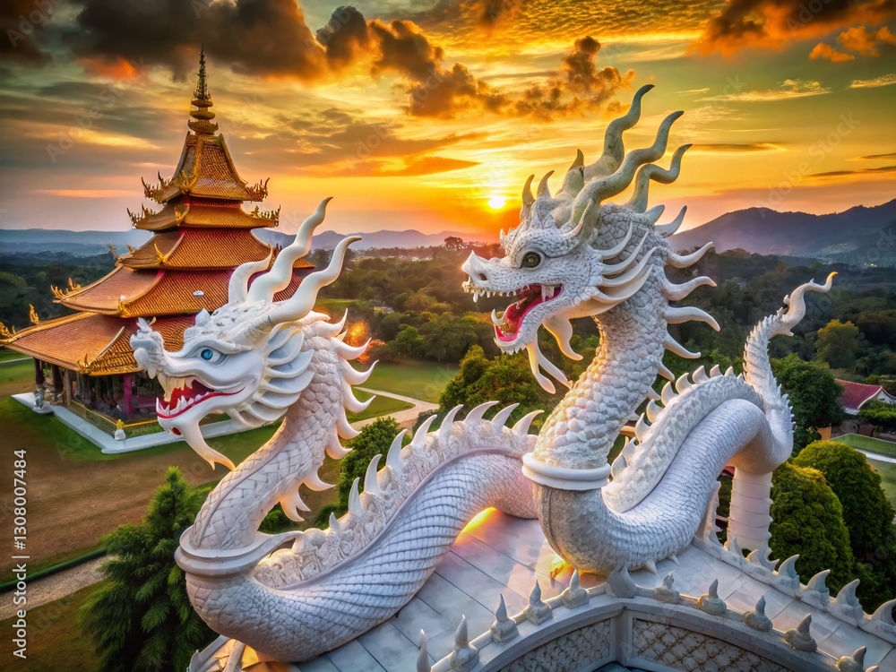 Aerial View: Twin White Dragon Statues, Hyua Pla Kang Temple, Chiang Rai, Thailand Aerial View: Twin White Dragon Statues, Hyua Pla Kang Temple, Chiang Rai, Thailand