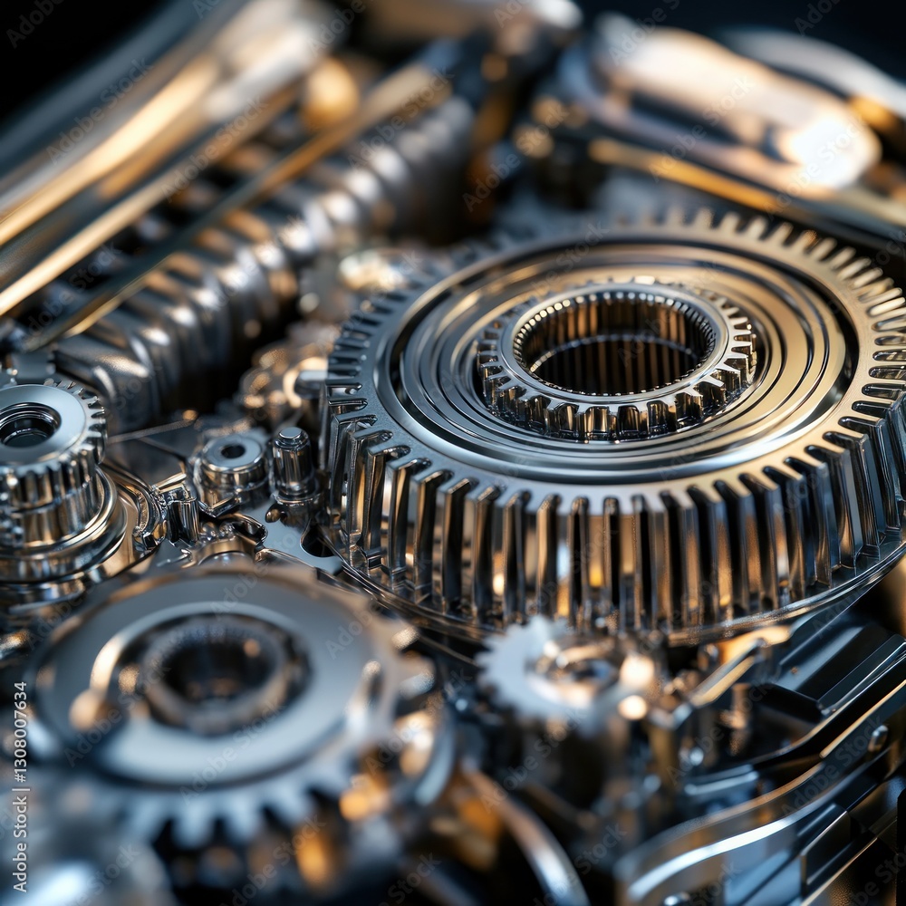 Fototapeta premium Precision Gears Intermeshing in Metallic Engine Close-up