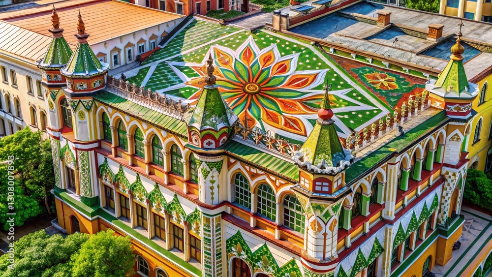 Obraz premium Aerial View: Watercolor Leaf Design on Geometric Architectural Wallpaper