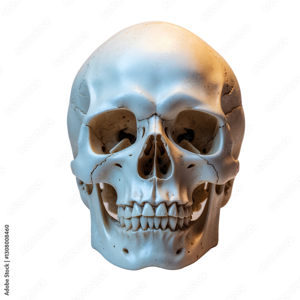 Illuminated Human Skull with Visible Cracks and Teeth on White Background. Illuminated Human Skull with Visible Cracks and Teeth on White Background.