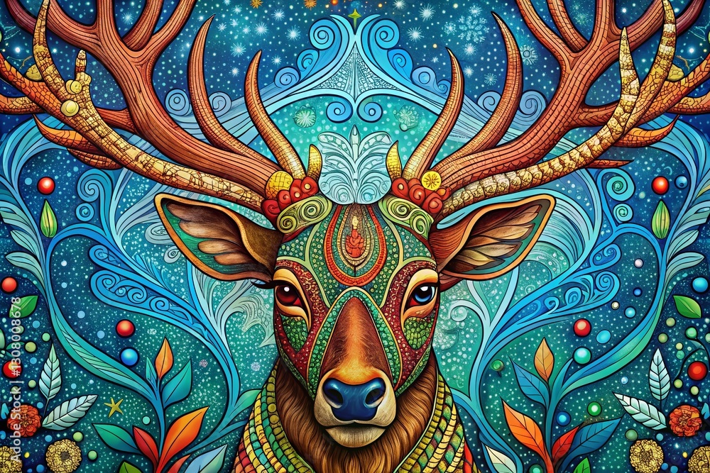 Naklejka premium Aerial Zentangle Reindeer Coloring Page Design: Intricate Patterned Deer for Adult Coloring Book