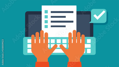 Refining Text A closeup of a writers hands on a keyboard with a floating digital checklist that shows suggestions being made by an AI tool indicating refinement of content.