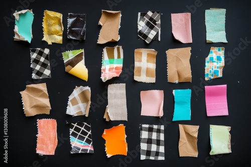 Grid of Ripped Washi Tape Pieces in Various Colors and Patterns on Black Background