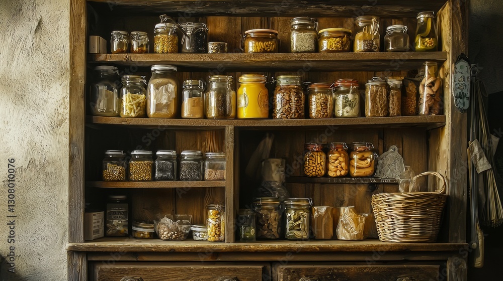 Rustic wooden shelf filled with glass jars and spices Rustic wooden shelf filled with glass jars and spices