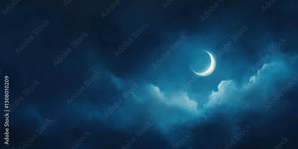 serene crescent moon shines through dark clouds at night. serene crescent moon shines through dark clouds at night.