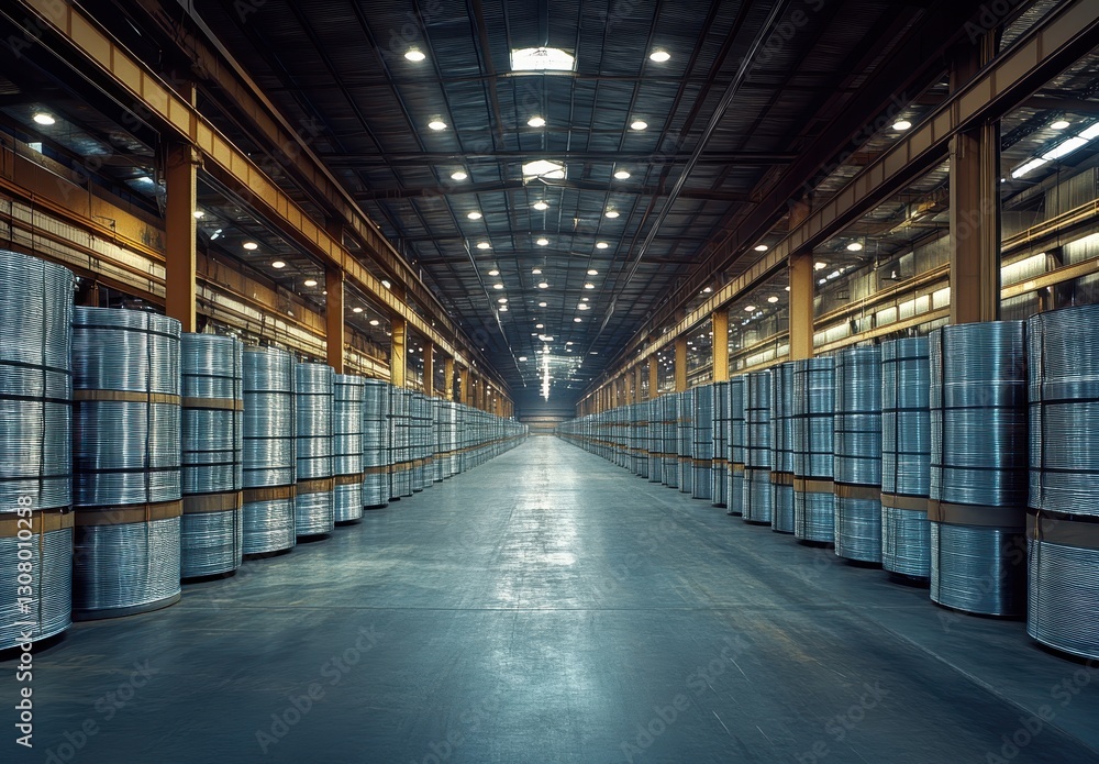 Fototapeta premium Spacious industrial warehouse interior with metal coils arranged in neat rows, showcasing organized storage and modern manufacturing efficiency