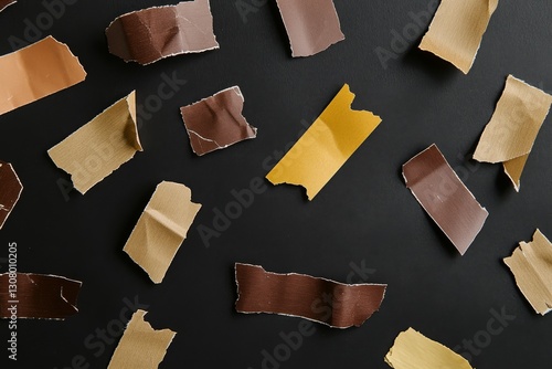 Ripped Brown and Beige Tape Pieces on Black Background Flat Lay