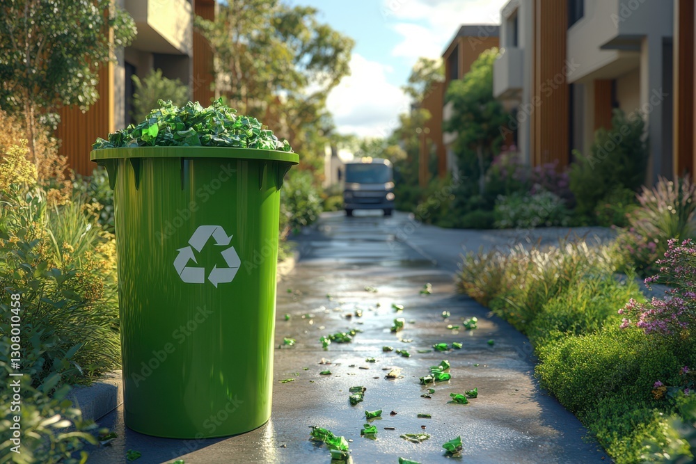 Discover urban cleanliness and waste management in action with this image featuring a truck, bus, potted plant, and fire hydrant in a city setting. Discover urban cleanliness and waste management in action with this image featuring a truck, bus, potted plant, and fire hydrant in a city setting.