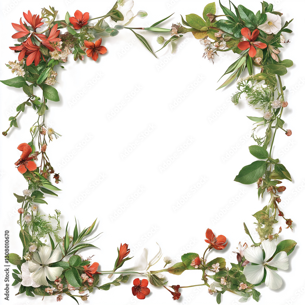 Fototapeta premium Flower and Plants Border on a Blank White Frame