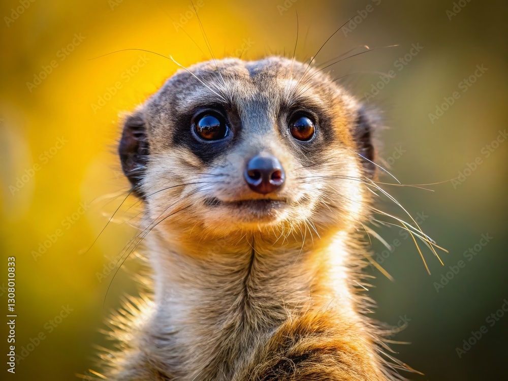 Fototapeta premium Alert Meerkat Sentry: Macro Photography of a vigilant meerkat on lookout, showcasing intricate details of fur and eyes.