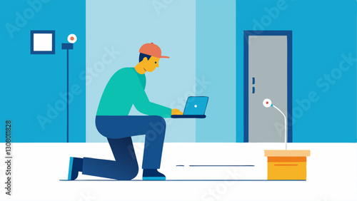 Programming Sensors A technician installs motion sensors along a hallway using a laptop to program their settings while checking the placement with a measuring tape.
