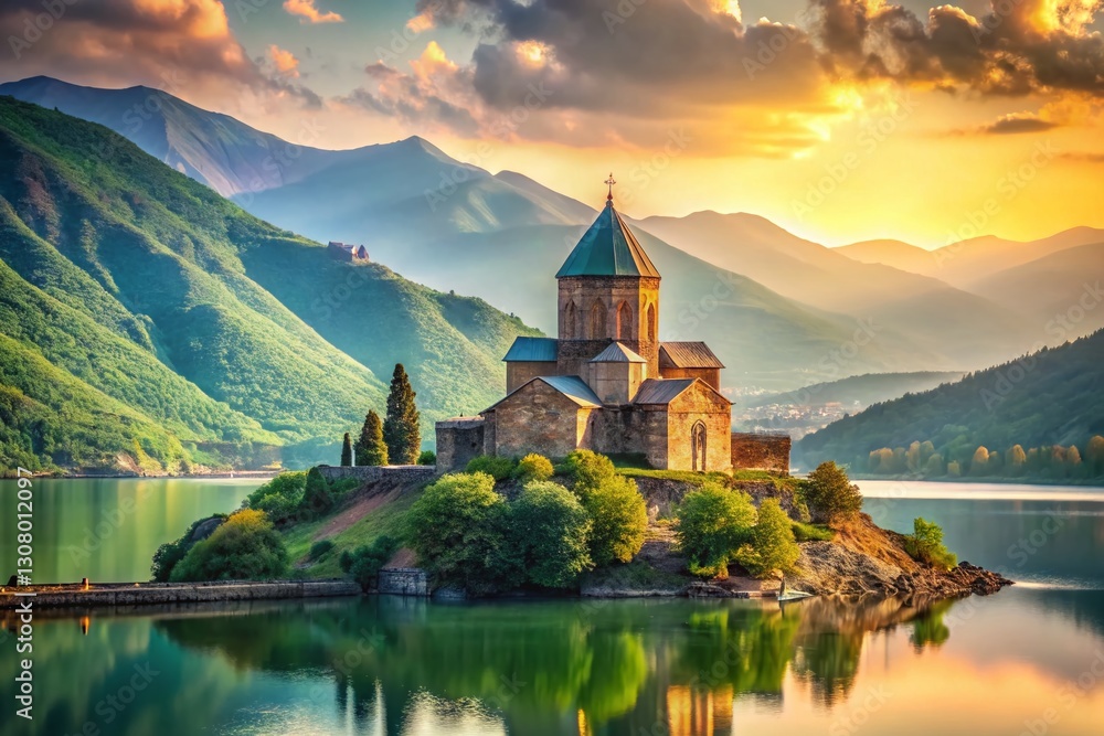 Fototapeta premium Ancient Georgian Stone Fortress Temple by Lake & Mountains - Minimalist Summer Landscape