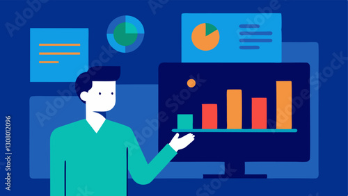 Performance Monitoring An illustration of a professional explaining how to measure performance in remote work settings with bar charts and KPIs displayed on a digital board.
