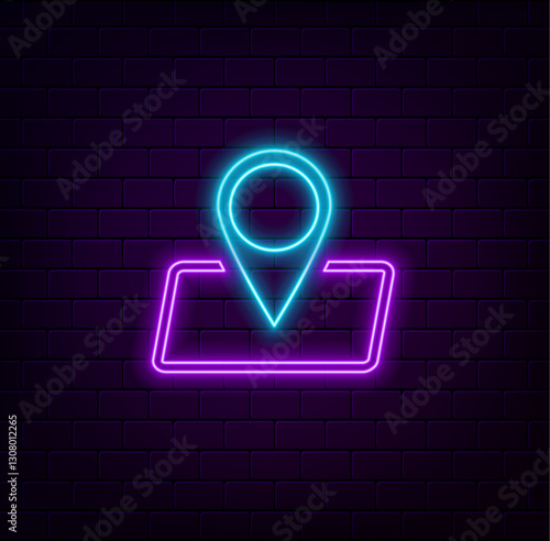 Point. Maps pin in neon light effect. Location. Vector illustration design.