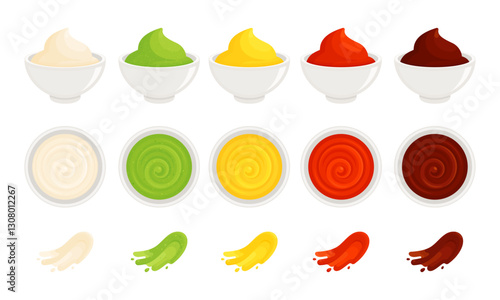 Set of dipping sauces in bowls with swirls and smears. Mayonnaise, wasabi, mustard, ketchup, barbecue sauce. Condiment and food seasoning concept. Flat vector illustration isolated on white background