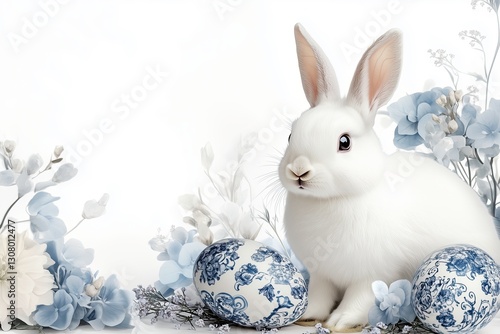 White Bunny with Floral and Porcelain Accents – Ideal for Easter and Spring-Themed Designs