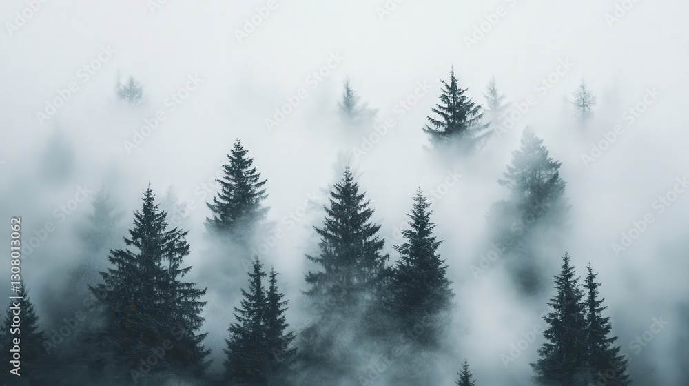 misty evergreen forest, showcasing the quiet beauty of tall trees enveloped in a soft, calming fog misty evergreen forest, showcasing the quiet beauty of tall trees enveloped in a soft, calming fog