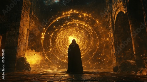 Mysterious sorcerer summons portal ancient ruins fantasy art dark atmosphere silhouette view magic