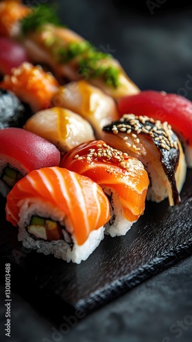 Wallpaper Mural luxury salmon sushi roll with ikura roe on black slate plate, premium japanese seafood gourmet dish Torontodigital.ca