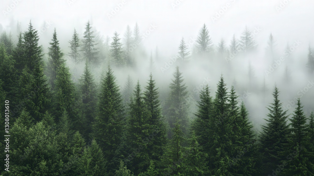 serene, misty evergreen forest landscape, showcasing tall serene, misty evergreen forest landscape, showcasing tall
