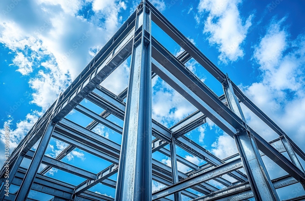 Steel Structure Framework against Bright Blue Sky with White Clouds in Construction Site Perspective View Showing Modern Architecture Development Steel Structure Framework against Bright Blue Sky with White Clouds in Construction Site Perspective View Showing Modern Architecture Development