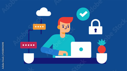 Password Protection An illustration of an analyst typing on a keyboard with floating padlocks and password symbols to indicate secure credential management.
