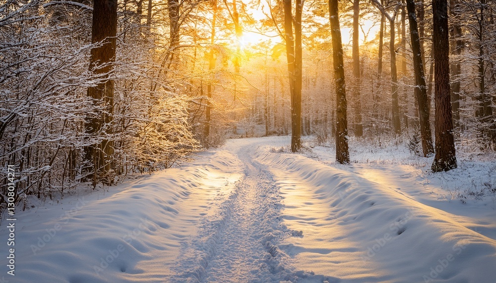 Naklejka premium a serene winter forest scene with a snow covered path illuminated by the golden light of sunrise creating a magical atmosphere
