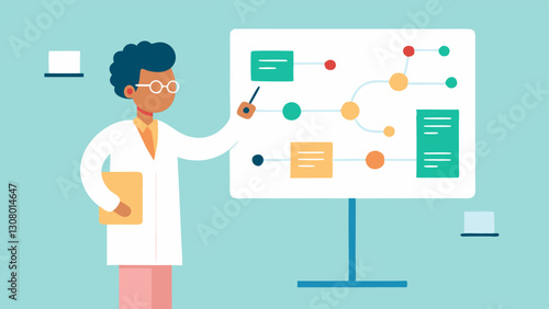 Patient Journey Mapping A healthcare analyst illustrating a flowchart on a whiteboard that maps the patient journey highlighting key touchpoints and data metrics.