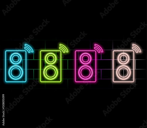 Glowing neon Stereo speaker icon isolated on blue background. Sound system speakers. Music icon. Musical column speaker bass equipment. Vector Illustration.green