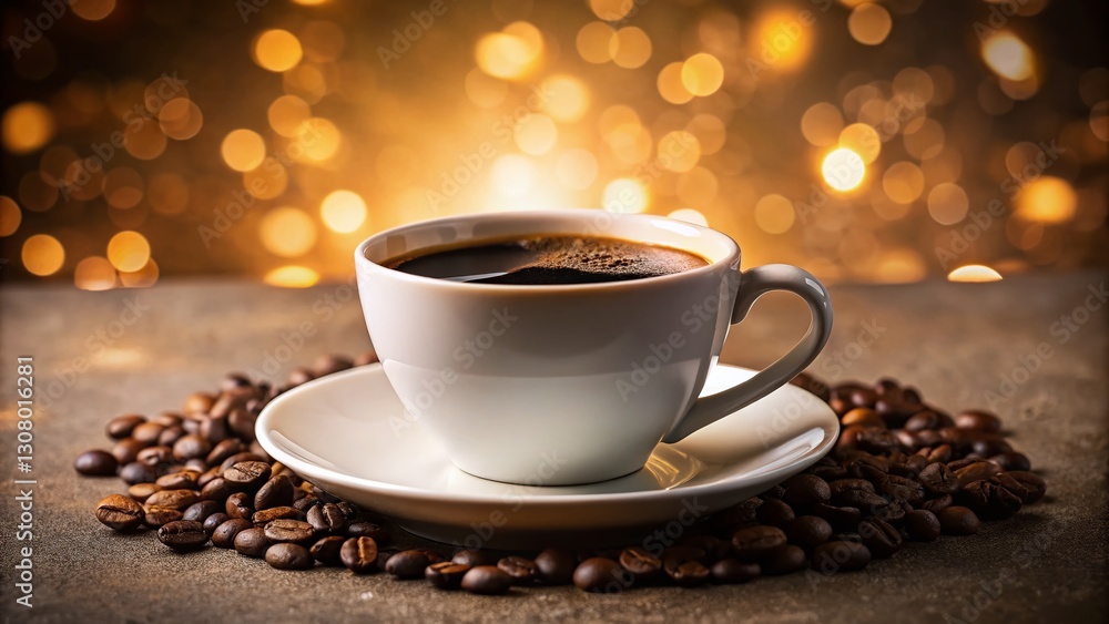 Fototapeta premium Aromatic Black Coffee in White Cup - Morning Beverage Stock Photo