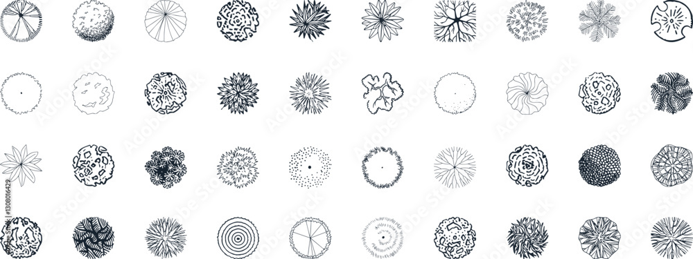 Vector tree top watercolor hand drawn view isolated on white background for landscape plan and architecture layout drawing,