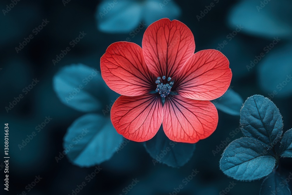 A vibrant five-petal flower with intricate veins set against cool blue leaves and a dark backdrop creating a striking contrast A vibrant five-petal flower with intricate veins set against cool blue leaves and a dark backdrop creating a striking contrast