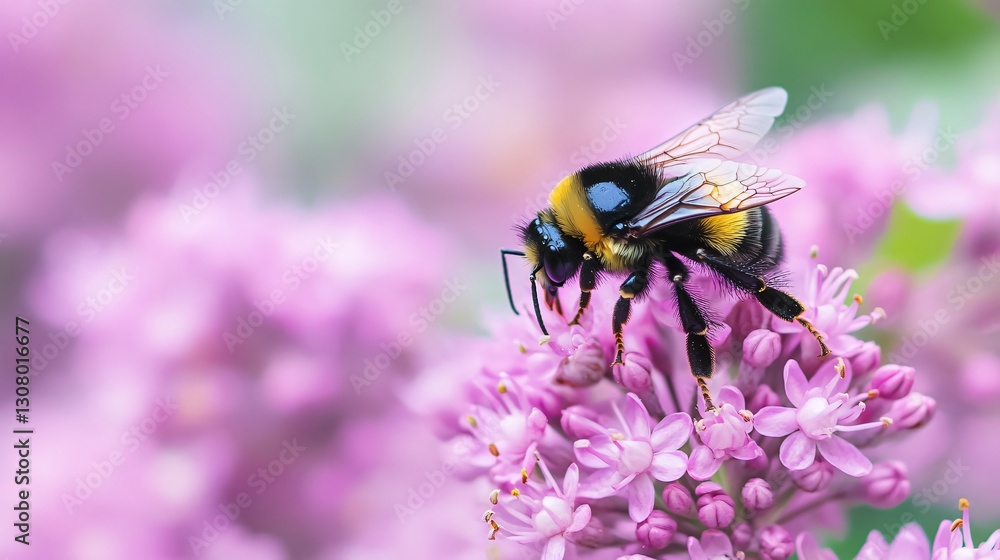 Bumblebee on Lilac Onion Flowers in Summer Garden Bumblebee on Lilac Onion Flowers in Summer Garden