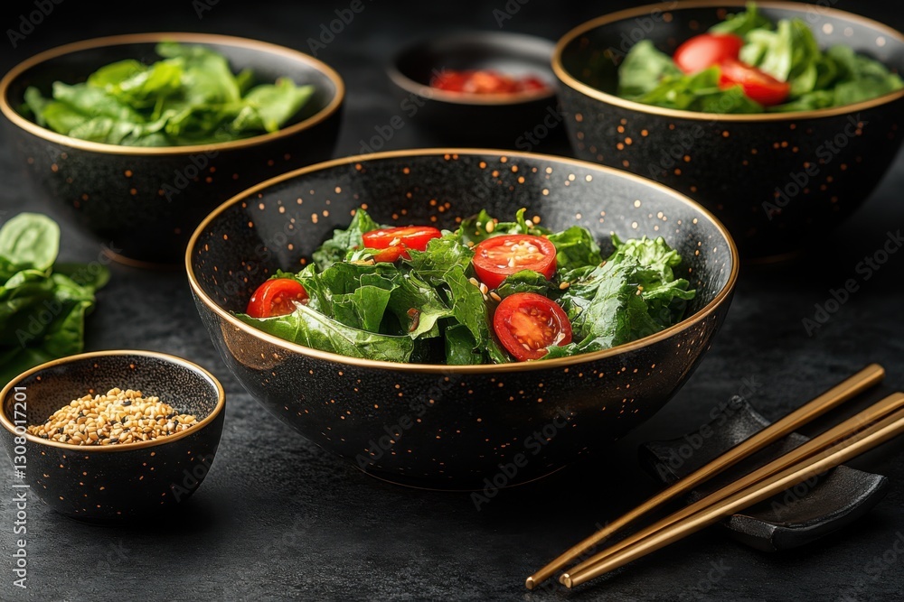 Fresh salad with tomatoes served in an elegant bowl with gold chopsticks nearby presented on a dark stone surface Fresh salad with tomatoes served in an elegant bowl with gold chopsticks nearby presented on a dark stone surface