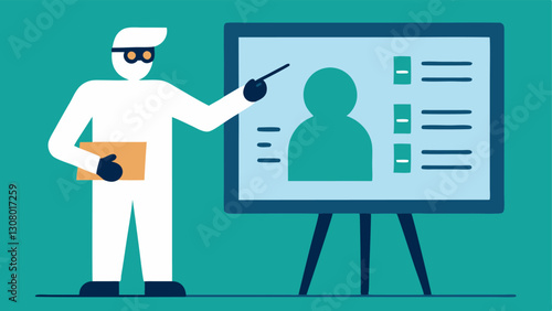 Training Session An illustration of a forensic scientist teaching a group of trainees about ballistic analysis techniques with visual aids on a presentation board.