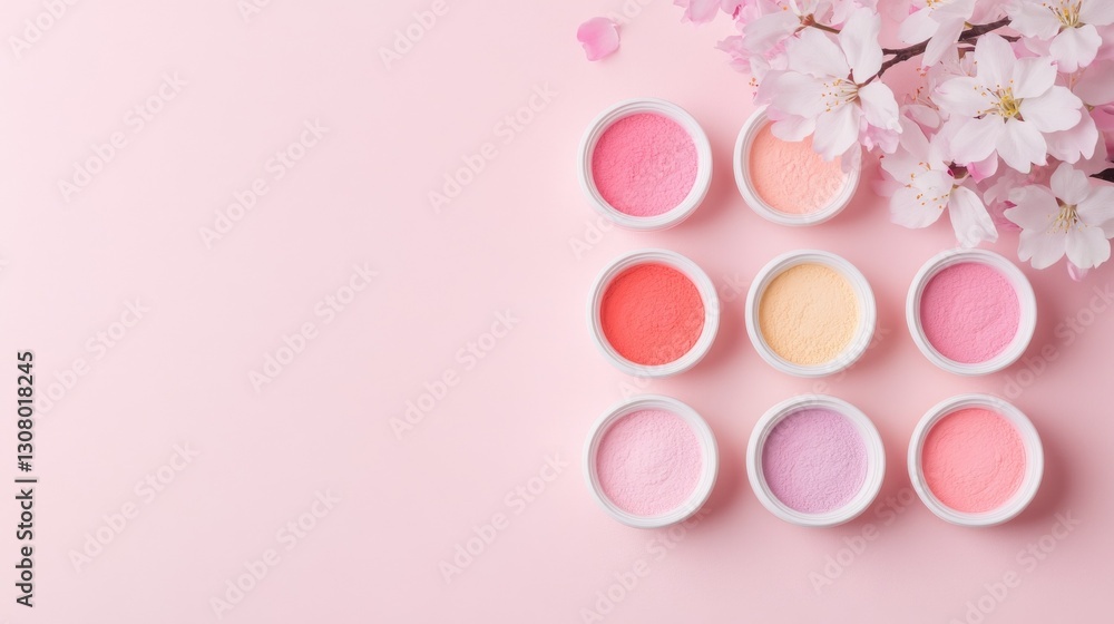 Pastel-colored powders arranged with cherry blossoms. Pastel-colored powders arranged with cherry blossoms.
